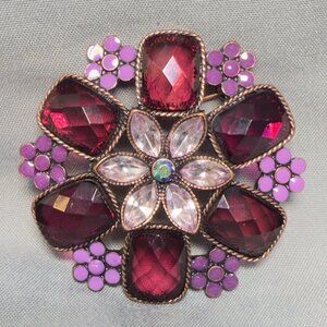 Flower Brooch Red Purple Rhinestone Enamel Cluster Dome Vintage Pin 1.75”